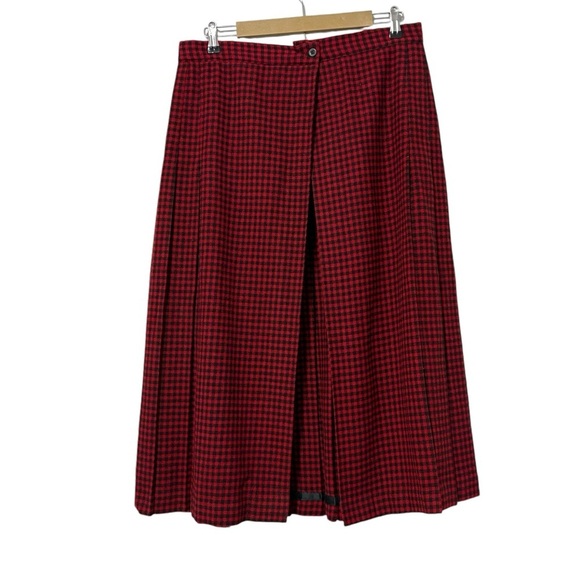 Vintage Woolrich Red Black Gingham Wool Blend Midi Skirt Size 12 Front Slit - Picture 1 of 6